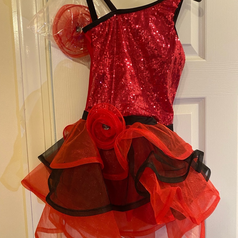 Girls medium red/black ruffle dance costume.  Headpiece included.